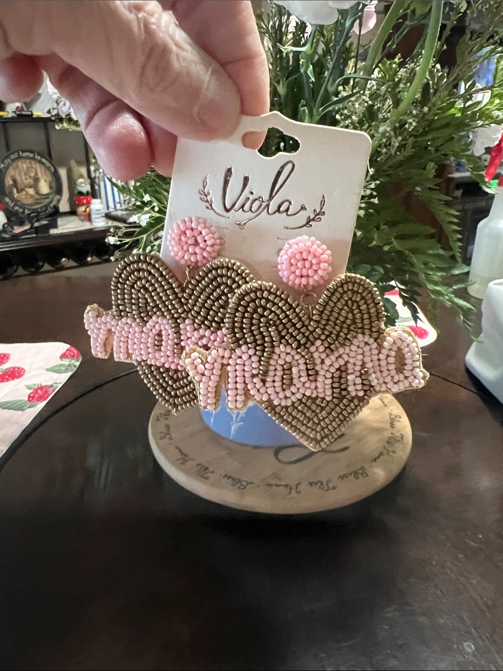 New Pink Beaded 'Mamma' Heart Statement Earrings